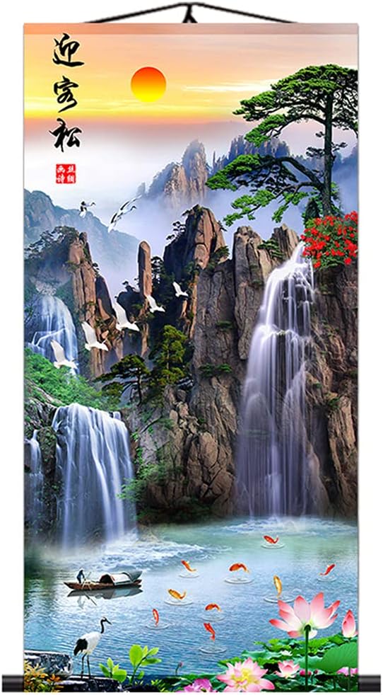 Paintings - UXOWOXU Chinese Traditional Feng Shui Wall Art - Landscape Waterfall Picture Scroll Painting - Attract Wealth and Good Luck Ready to Hang