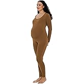 POSHDIVAH Women's Maternity Bodysuit Scoop Neck Long Sleeve T Shirt Stretchy Jumpsuit Pregnancy Shapewear Romper