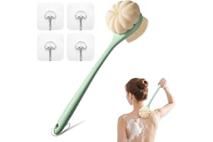 Back Scrubber for Shower, 15.7" Loofah with Handle, Back Shower Brush with Bristles and Loofah, Dry Brushing Body Brush for C