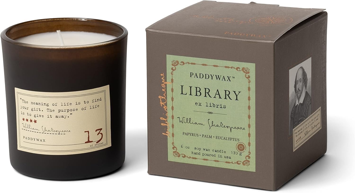 Paddywax Library Collection William Shakespeare Scented Soy Wax Candle, 6.5-Ounce, Paprus, Palm & Eucalyptus