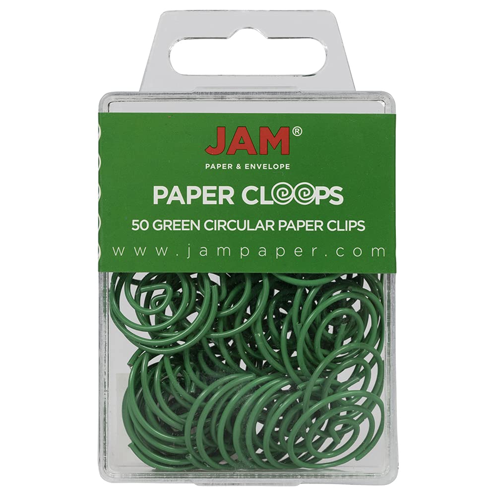 JAM PAPER Circular Paper Clips - Round Paperclips - Green - 50/Pack