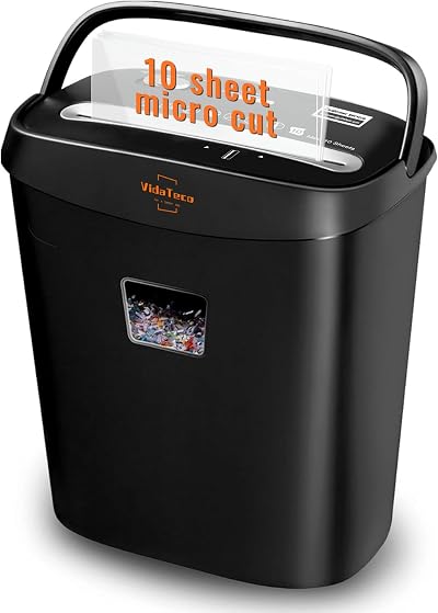 VidaTeco Micro-Cut Shredder 10-Sheet P-4 5x16mm 15L Basket Jam-Proof