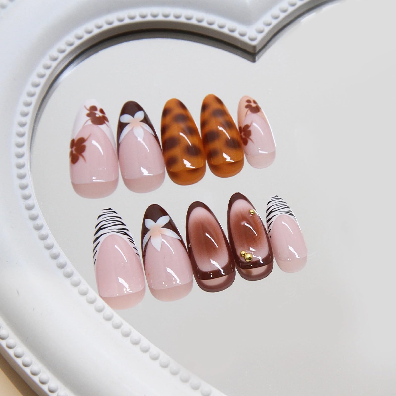 MERVF Almond Press on Nails Long Fall Fake Nails Brown French Tip Glue on Nails Flower Stiletto Acrylic False Nails Aura Press ons with Zebra Print Design Glossy 24pcs - Image 3