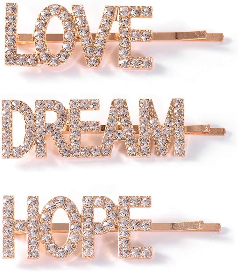 Zchenchen 3Pcs/Set Ladies Girl Minimalist Hair Clips Metal Alloy Pretty LOVE HOPE DREAM Glitter Hair Clips Rhinestone Hairpins Wedding Hair Clips