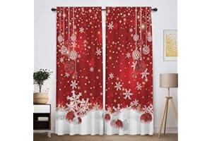 Funnytree Red Christmas Window Curtain Kids Winter Xmas Glitter Bokeh Print Curtains Home Decor Rod Pocket Darkening Drapes for Bedroom Living Room 82 in x 84 in