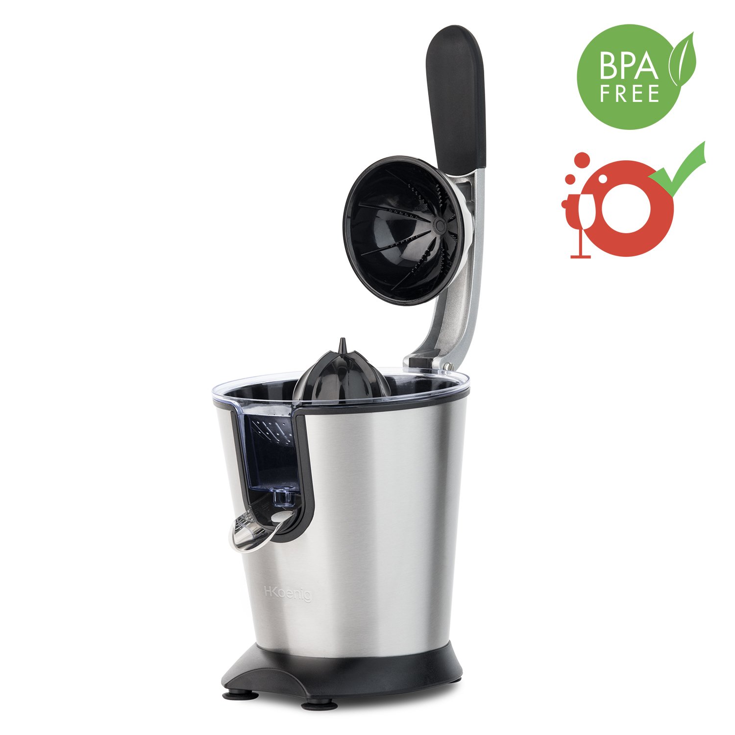 H.Koenig Elektrische Zitruspresse Professioneller Hebel Edelstahl AGR80, BPA-frei, Schnell, Automatisch, Leise, Leistungsstark 160 W, Anti-Tropf-Tülle, 160W 5