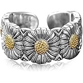 Wide Sunflower Band Ring,S925 Sterling Silver Adjustable Open Daisy Flower Floral Thumb Band Ring for Women