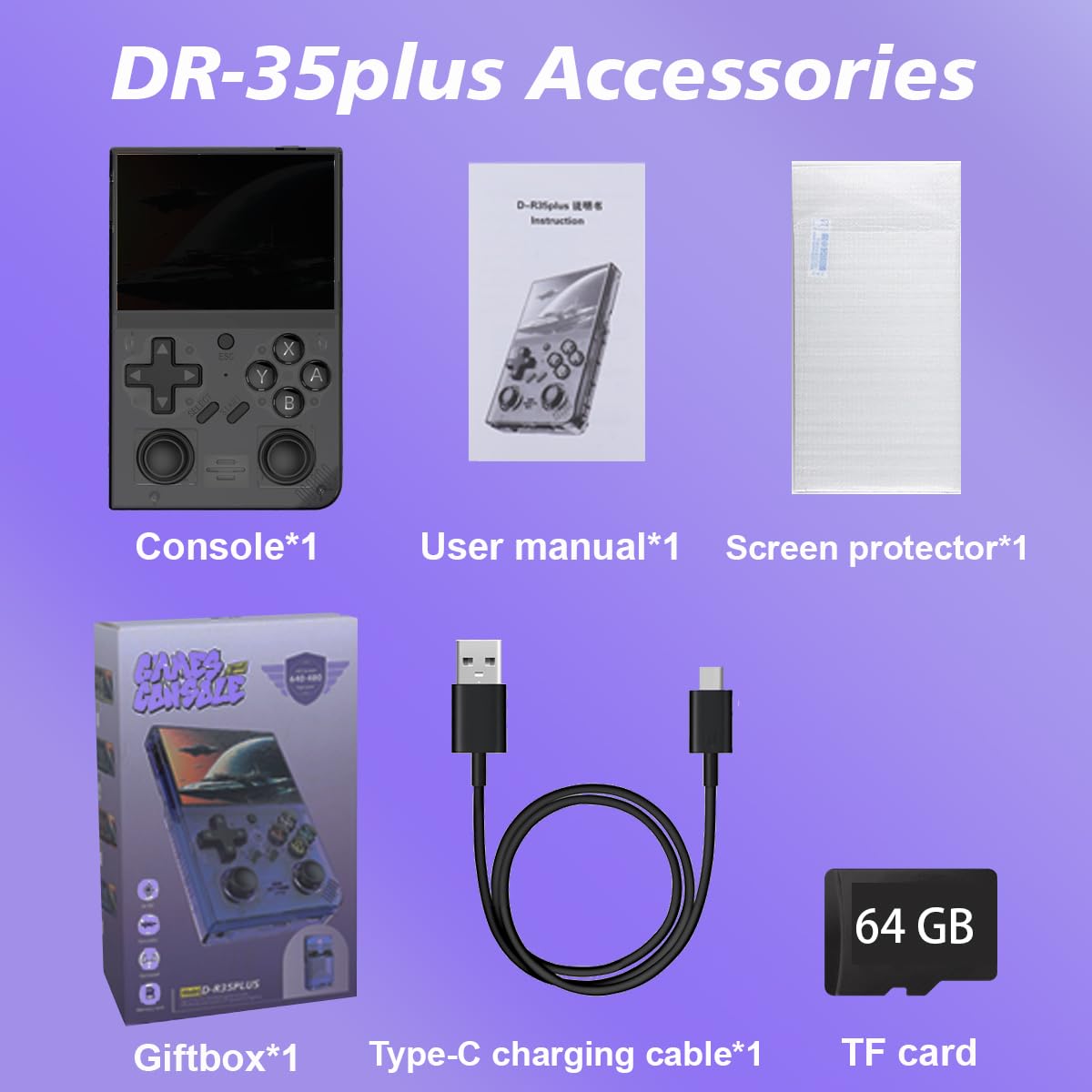WeLohas DR35 Plus Handheld Retro Gaming Console Linux System with 64G Card, Support 13+ Emulator Including 15000+ Fun Games, 3.5 Inch IPS Screen, Hand Hero Video Game Console Gift (DE-DR35-Black)