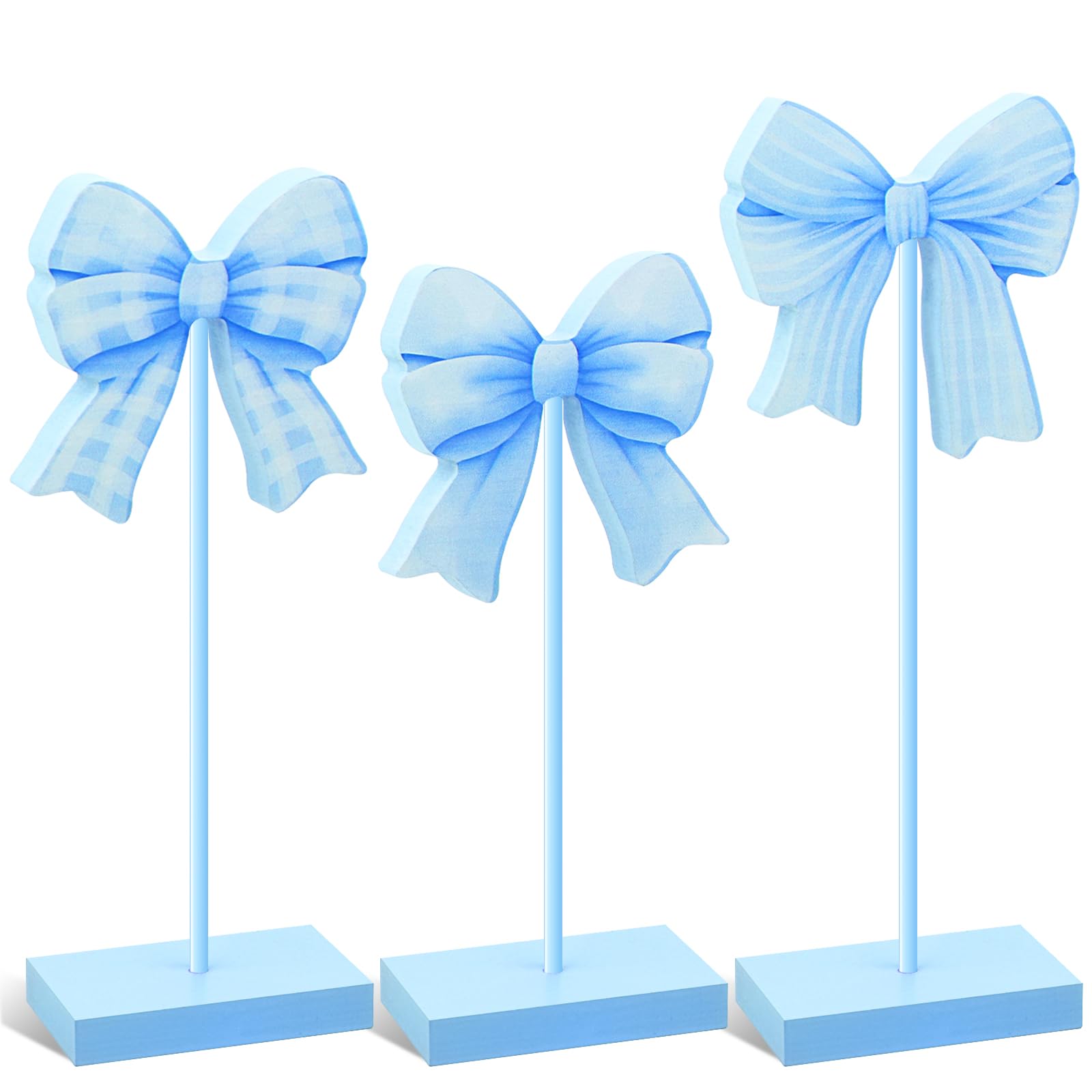 Photo 1 of 3 Pcs Small Blue Bow Wooden Sign Tall Standing Block Coquette Room Decor Bow Centerpieces for Table Topper Boys Baby Showers Party Tiered Tray for Nursery Bedroom Birthday(Blue Bow)