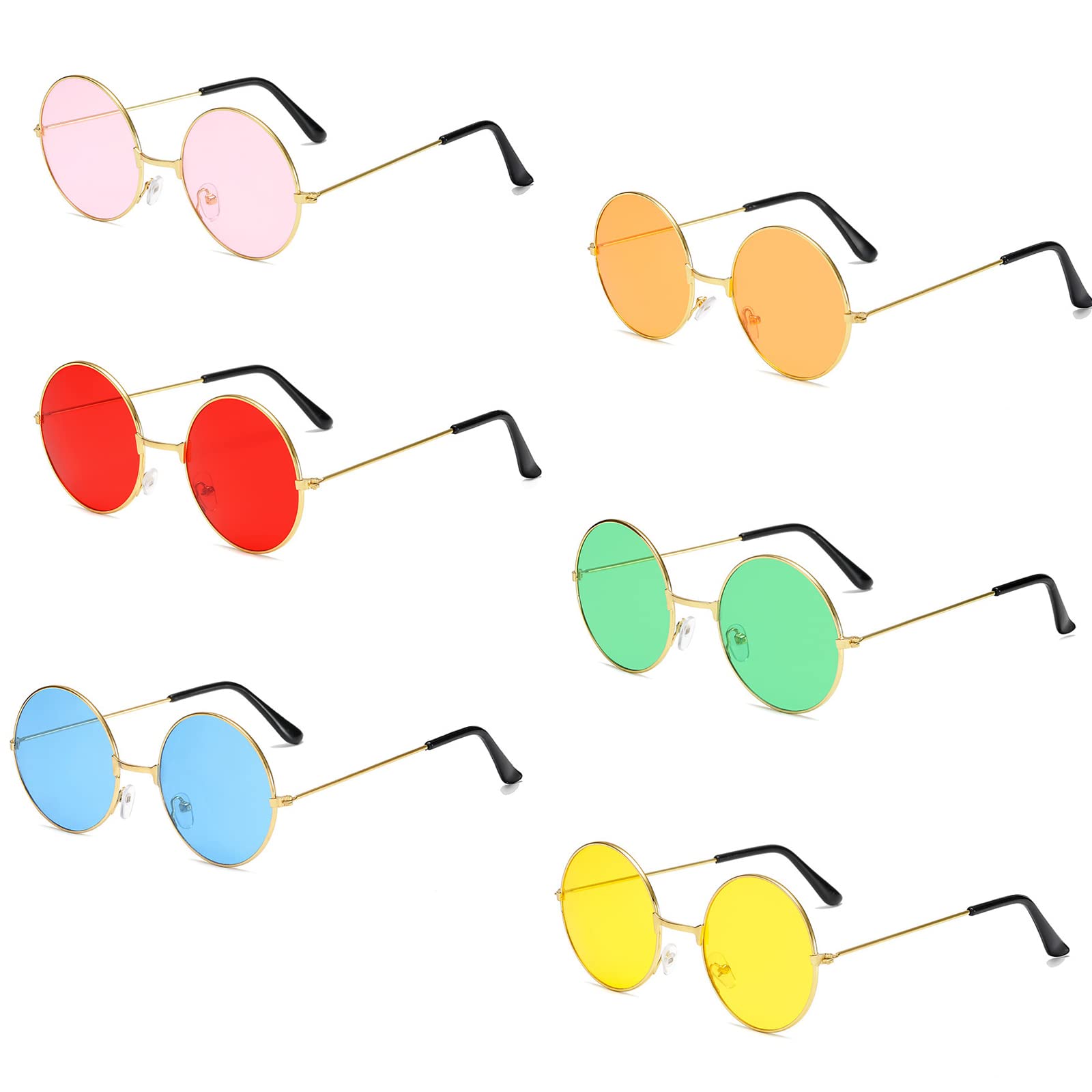 Fengguock 6 PCS Round Hippy Sunglasses, Rave Glasses, Retro Sunglasses, Funky Glasses, Colored Lens Hippie Glases for Women Men Girl Boy, 60's 70's Style, for Mardi Gras Summer Party Beach