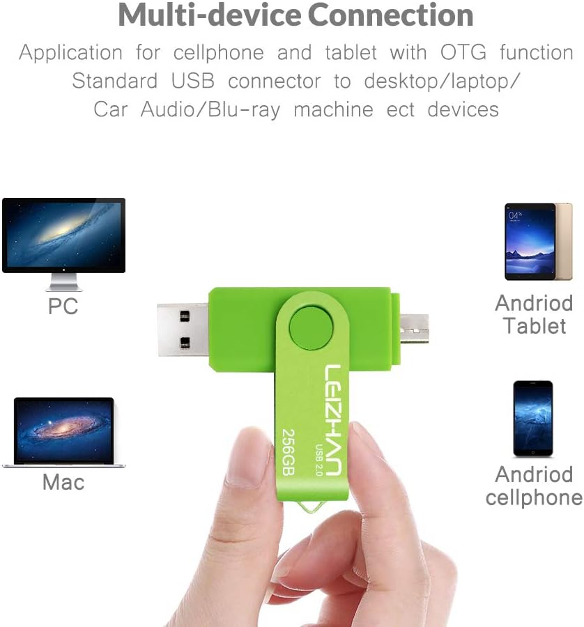 LEIZHAN 256GB Memory Stick USB Dual Port(USB 2.0 & Micro USB) Rotabable Pen Drive 2 in 1 USB flash Drive for Android Smartphones & Tablets & Laptops PC (Green) - Image 4