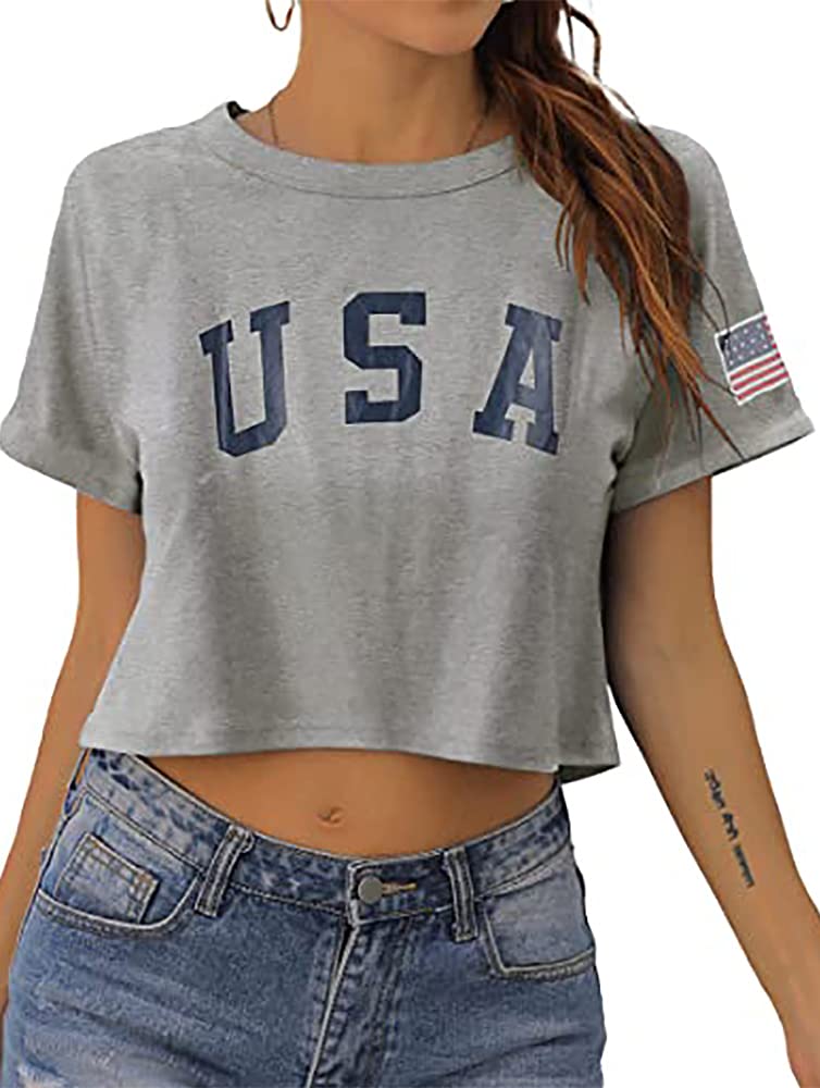 Womens Summer Crop Tops Round Neck Short Sleeve Letter Print Tshirt Casual Loose Fit Tees
