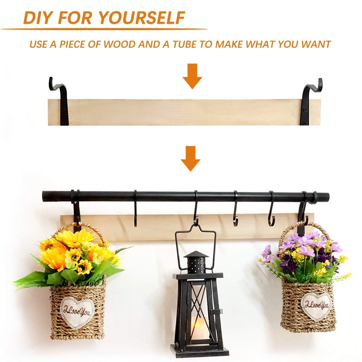 Zkaiz Wrought Iron Hooks for Hanging Lantern Coat Garden Planter Decoration Rustic Vintage Style Wall Curved Up Bracket Hook (2 Pack)