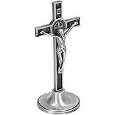 Catholic Cross Beautiful Zinc Alloy Handmade Metal Wall Crucifix Vertical Removable Table Stand (Silver)