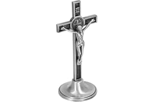 Catholic Cross Beautiful Zinc Alloy Handmade Metal Wall Crucifix Vertical Removable Table Stand (Silver)