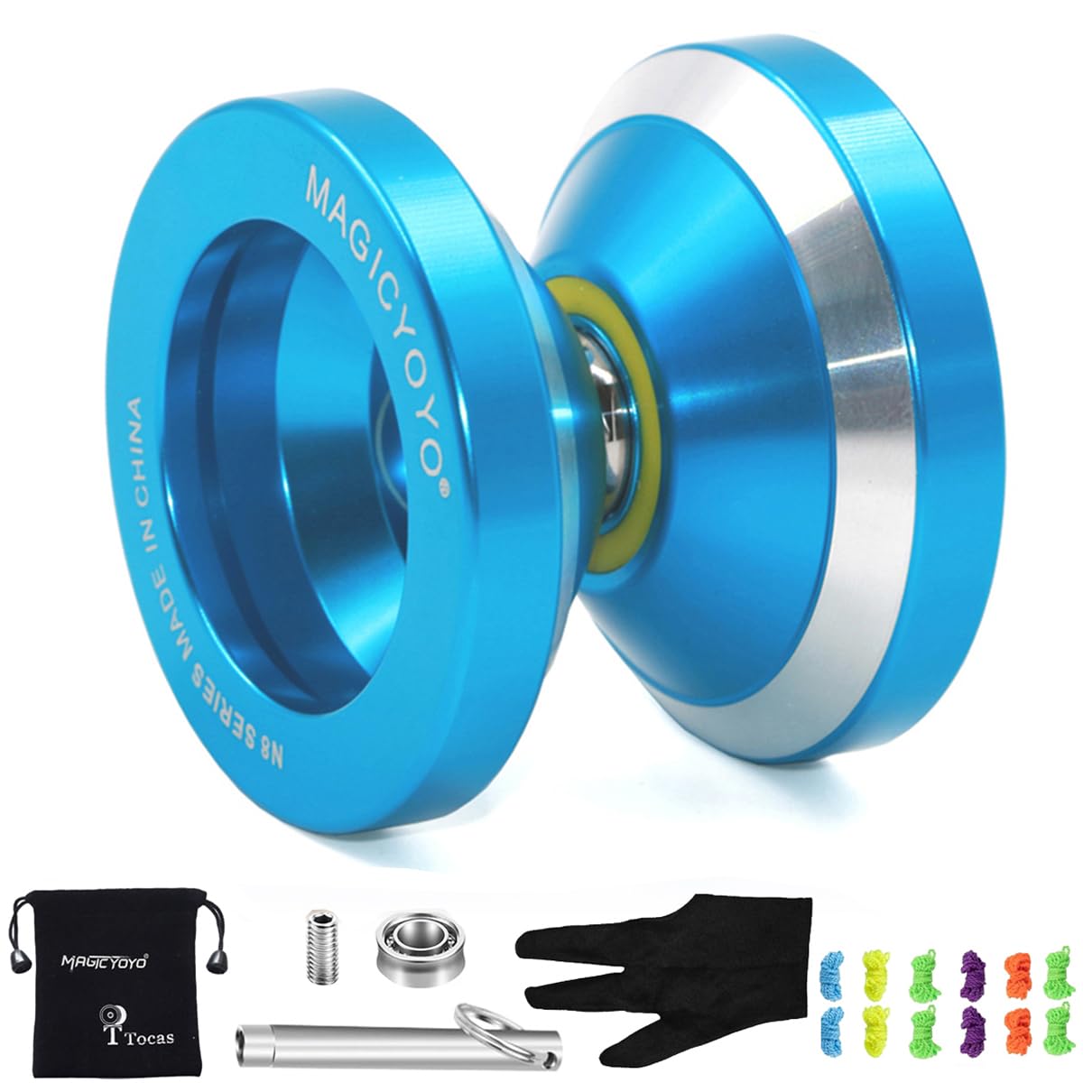 MAGICYOYO N8 Yoyos Pro Responsive Yoyo & Unresponsive Yo-yo for Kids Teens Adults, Beginners to Advanced Yo-yos, Yo Yo Metal with Unresponsive Bearing+12 Yo Yos Strings+ Remover+ Glove+ Bag, Blue