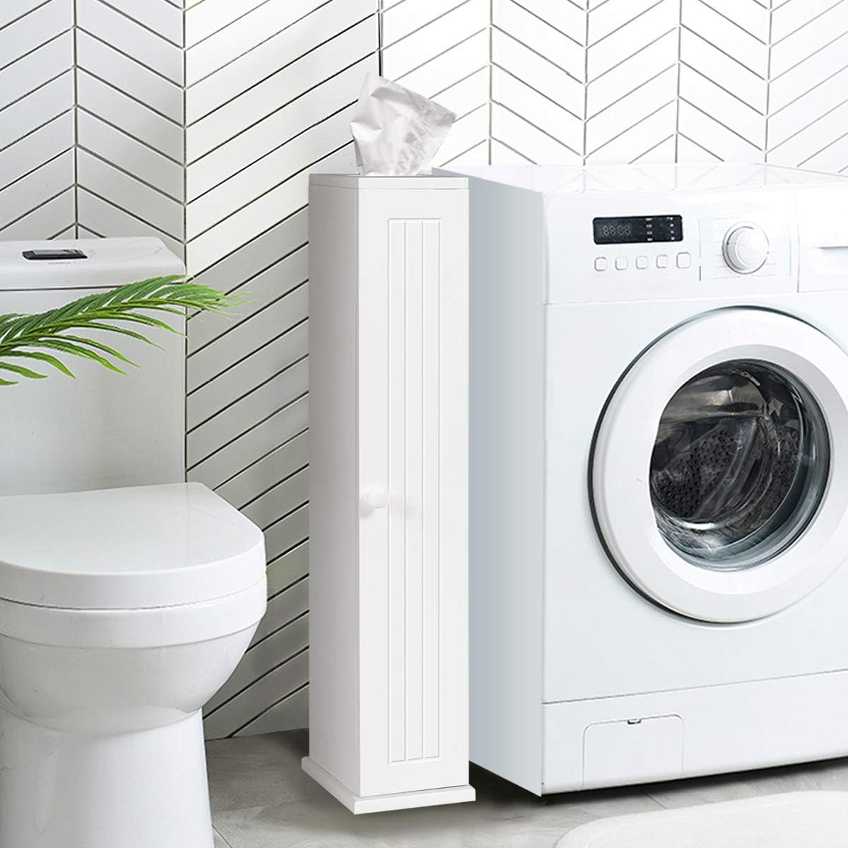 Tangkula Toilet Tissue Storage Tower, Free Standing Toilet Paper Holder with 4 Shelves, Bathroom Paper Storage Organizer with Door & Top Slot, Narrow Bath Floor Cabinet for Paper Holder (White): Home & Kitchen