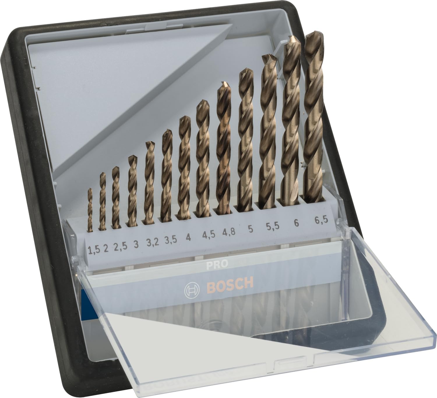 Bosch 13x PRO Stainless Steel HSS-Co Twist Drill Bit Set (for Steel, Stainless steel, Ø 1,5, 2,0, 2,5, 3,0, 3,2, 3,5, 4,0, 4,5, 4,8, 5,0, 5,5, 6,0, 6,5 mm, Professional Accessory Rotary Drill/Drivers) — image 1