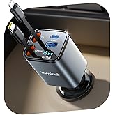 Lamicall 4 IN 1 Retractable Car Charger Adapter - 69W [Voltage Display] [50% Smaller] Fast Charging Cigarette Lighter USB Cha