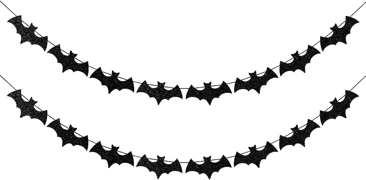 Glittery Bat Garland- Flying Bats Halloween,Halloween Party Decorations,Halloween Table Decor,Halloween Bats,Wreath for Halloween,Haunted House Decorations(2 Pack Black )