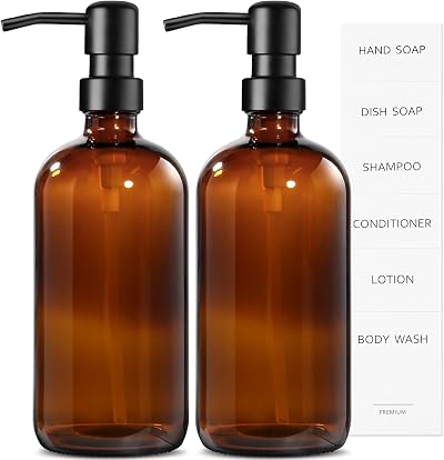 MIUSITE Amber Glass Soap Dispenser 500ml with Stainless Steel Pump - 2 Pack