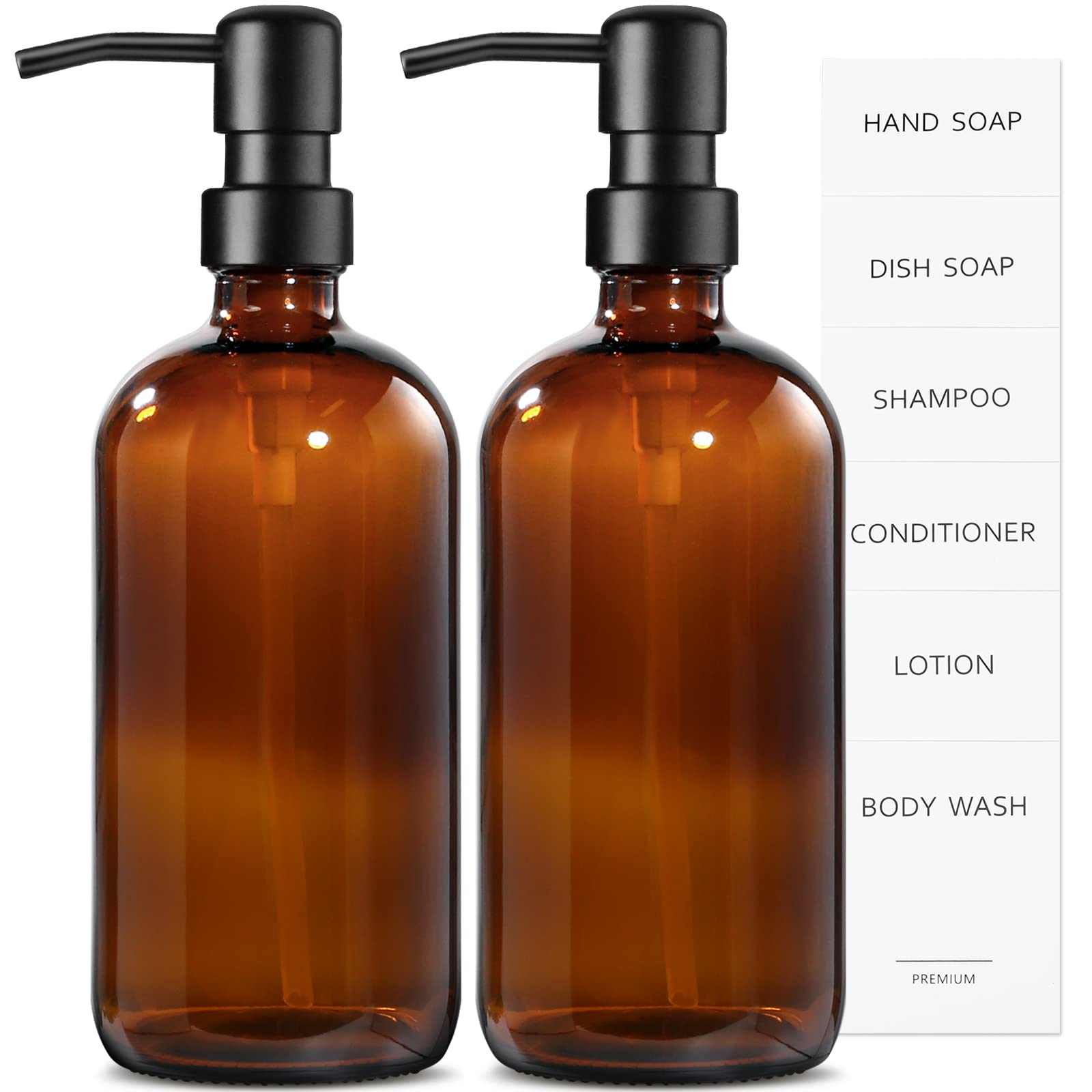 Soap Dispenser with Stainless Steel Pump,500ml Brown Glass Soap Dispensers, Hand and Dish Soap Dispenser for Kitchen & Bathroom, Refillable Amber Glass Bottle with Pump and Label (2, Amber)