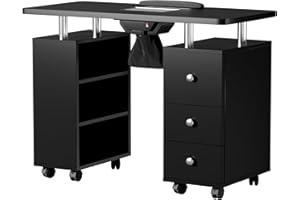 Hicomony Manicure Table,Black Sliver Nail Desk for Nail Tech, Chic Nails Table,Mesa de Uñas Profesional with One Key Dust Collector,Nail Arm Rest, Side Drawers,Lockable Wheels,Acetone Resistant