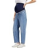 OVRUNS Maternity Jeans for Women Stretch Barrel Jeans Over The Belly Pregnancy Denim Pants with Button Waist