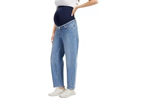 OVRUNS Maternity Jeans for Women Stretch Barrel Jeans Over The Belly Pregnancy Denim Pants with Button Waist