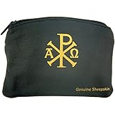 WJ Hirten Ava Maria and Chi Rho Cross Sheepskin Leather Rosary Case with Velvet Lining, Black, 3 1/4 Inch