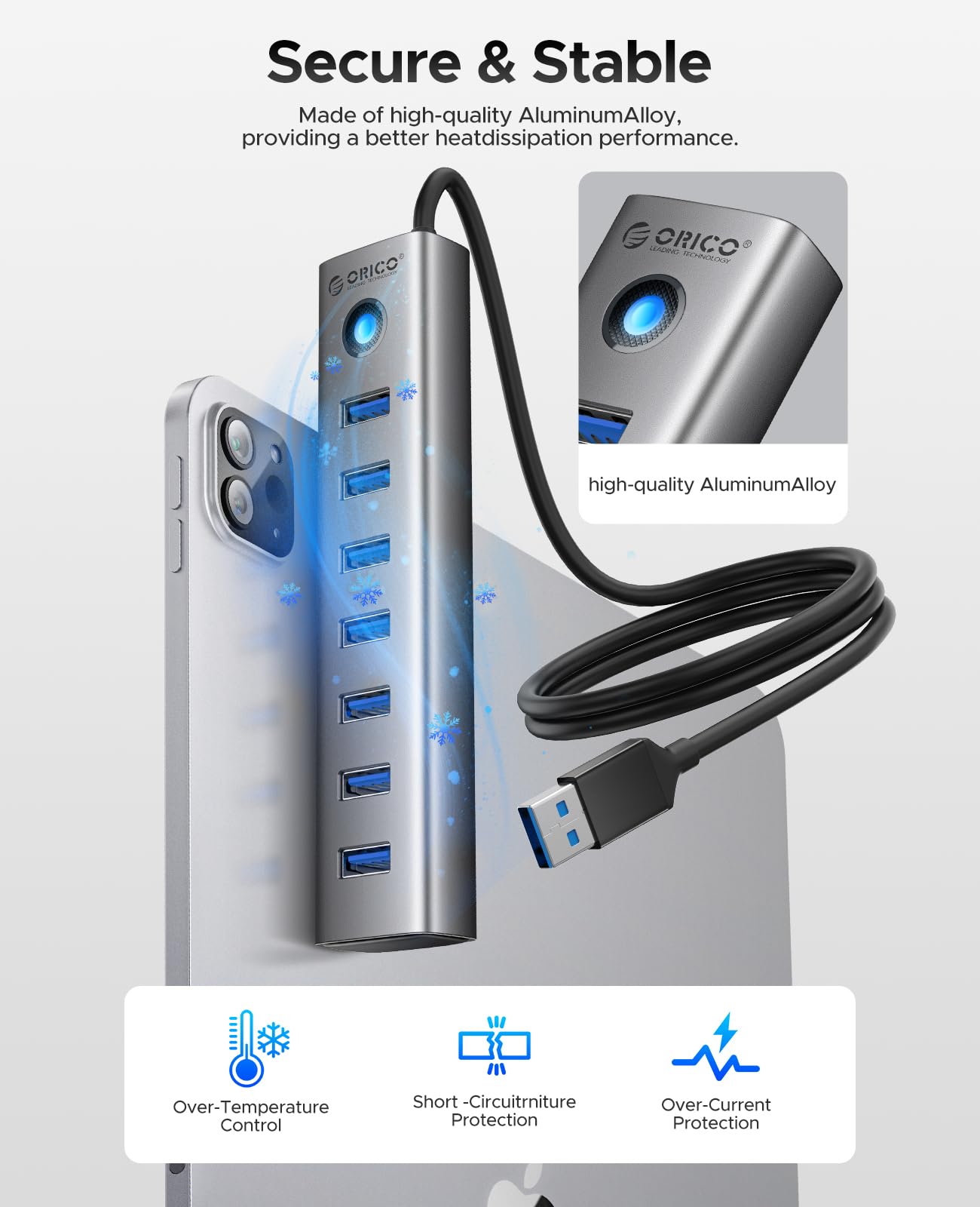 ORICO 7-Port USB 3.0 Hub, Aluminium Multiport Adapter Mit 100CM Kabel, 5Gbps Datenübertragung, 5V 3A Type-C Port, Splitter Für PC, Laptop, MacBook, PS4, Surface Pro, Mobile HDD 6