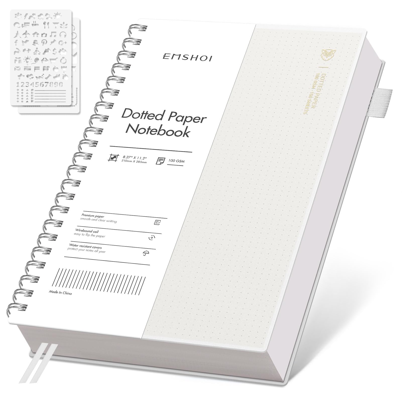 EMSHOI A4 Dotted Notebook, Spiral Notepad 150 Sheets/300 Pages, 100gsm, PVC Cover, Stencils, Pocket, Pen Loop, Ruler, Bookmark, Bullet Dot Grid Journal for Women Men Writing, 21x28.5cm, Transparent