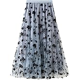 Women's Elastic High Waist Tulle Ruffle 3D Pleated A-Line Swing Midi Skirt