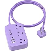 Purple Extension Cord with 3 Outlets & 3 USB(1 USB C), Cute Small Extension Cord 5ft, Travel Power Strip Flat Plug with USB Charging Station, Compact for Cute Purple Kawaii Lavender Desk Accessories