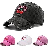 Women's Cherry Bow Embroidered Baseball Cap Casual Wash Cotton Dad Hat Vintage Distressed Sun Hat for Daily, Outdoor