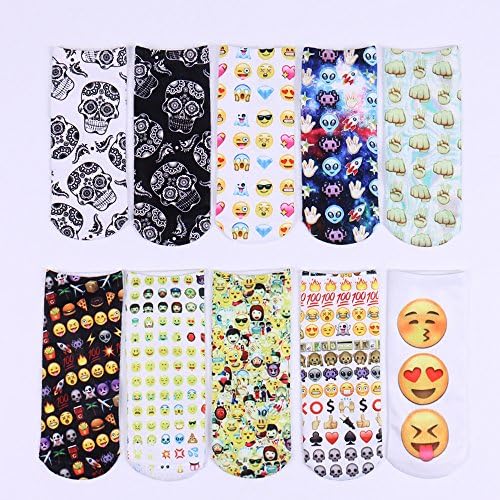 VIVIANS Women's Cartoon Ankle Socks 3D Printed, Skull, 10 Pairs