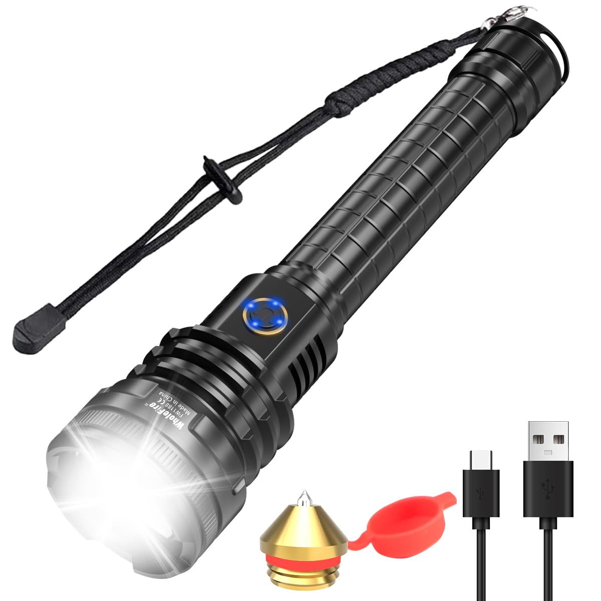 WholeFire LED Torch Rechargeable, Torches LED Super Bright 90000 Lumens Flashlight USB XHP90 Powerful Torch Light with Zoom, Waterproof 5 Modes for Camping Hiking Biking Outdoor Activities