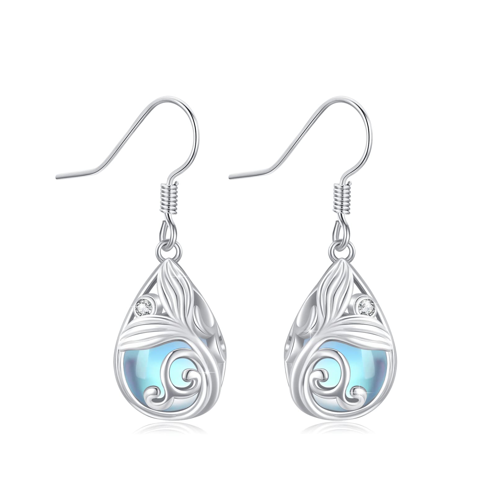 Mermaid Tail Moonstone Earrings for Women Girls 925 Sterling Silver Drop Earrings Hypoallergenic Moonstone Jewellery Gifts for Mother Sister (Mermaid Tail)