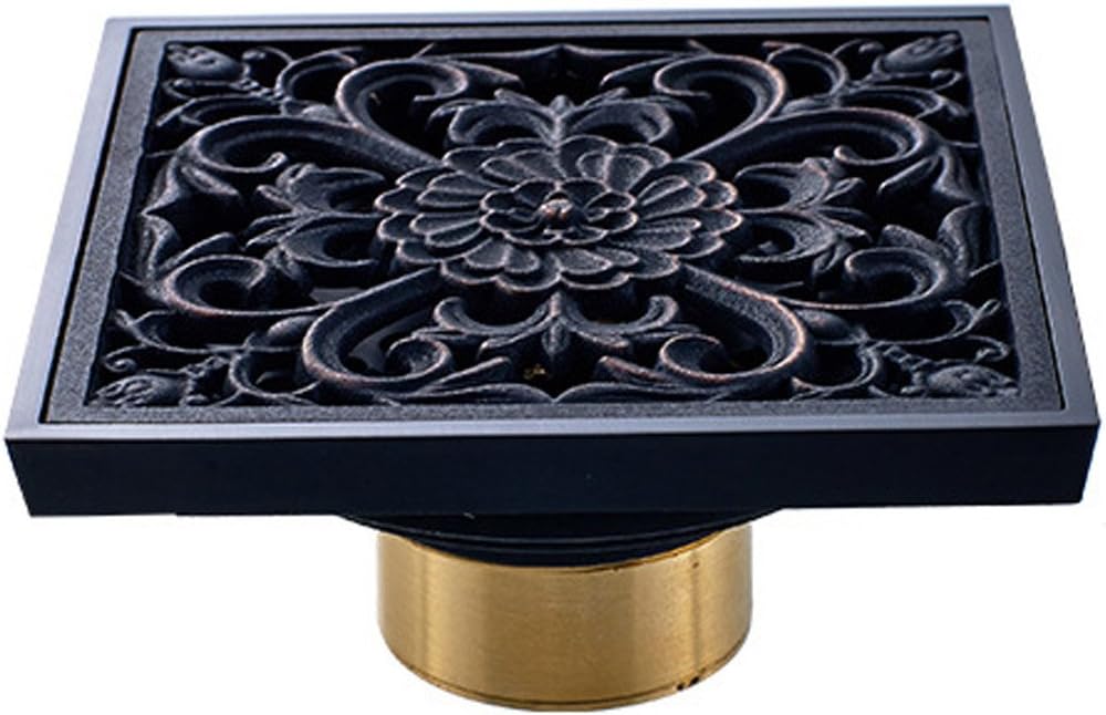 Tochange Bathroom Floor Drain Classic Black Shower Drain Square Anti Odor Ground Drainer Bathroom Hardware Accessory Brass(10*10*4.6CM) (PATTERN : B)