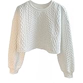 RoseSeek Girl's Cable Knit Cropped Sweatshirts Crewneck Long Sleeve Casual Pullover Tops