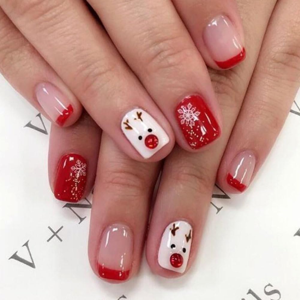 Wedity 24 Pcs Christmas False Nails Cute Santa Claus Snowflake Elk Fake Nails Short Nail Press On False Nails (B)