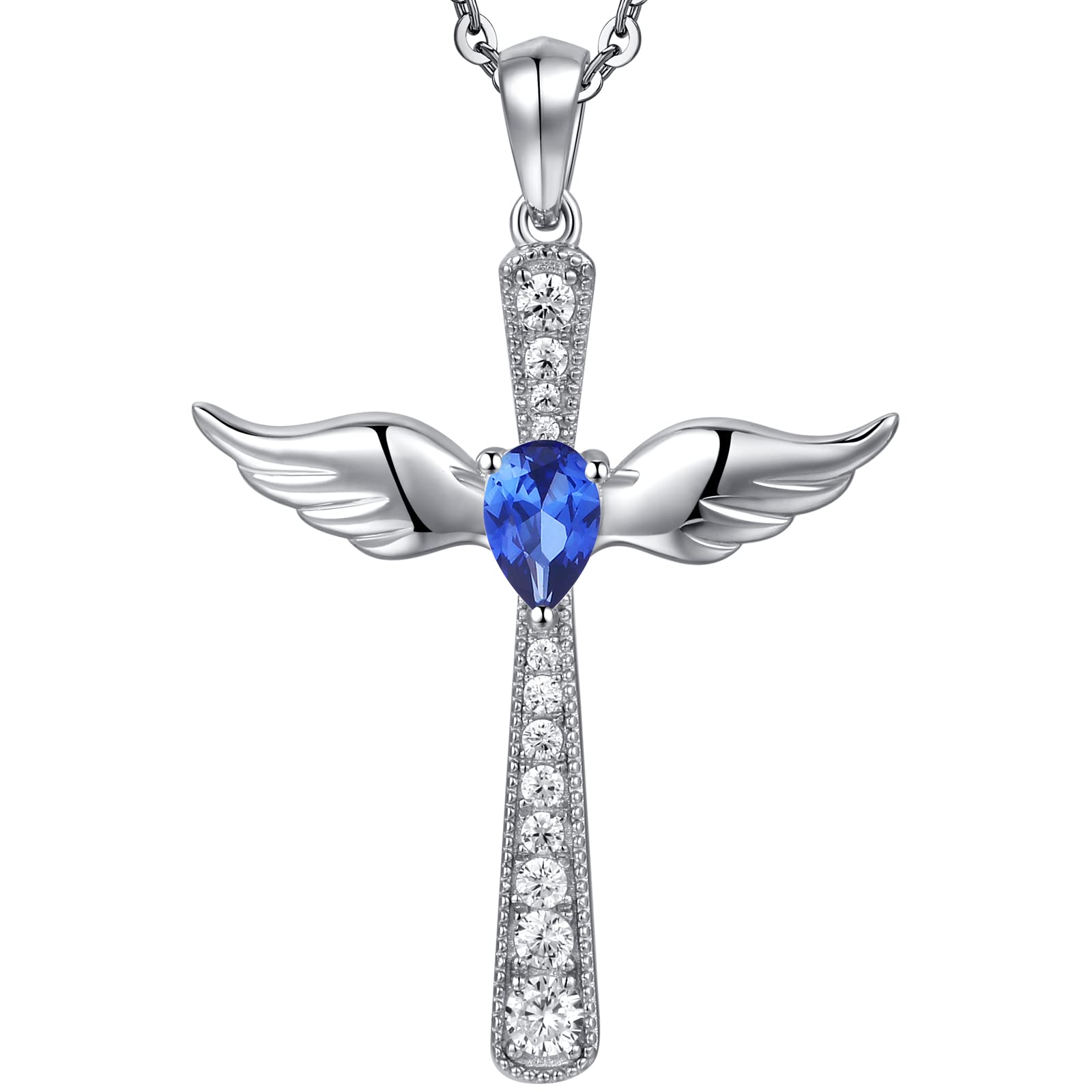 Cross Necklace Womens Cross Necklace Angel Wings Cross Necklace Blue Sterling Silver Cross Necklace Cute Wings Cross Necklace Women Girls Cross Angel Wings Necklace Miaofu Cross Wings Necklace