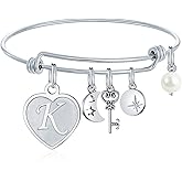 M MOOHAM Initial Charm Bracelets for Women Gifts - Engraved 26 Letters Initial Charms Bracelet Stainless Steel Bangle Bracelet Birthday Christmas Jewelry Gift for Women Teen Girls