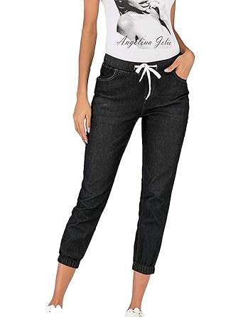 Naliha Pantalones Vaqueros Informales con cordón para Mujer Negro ...