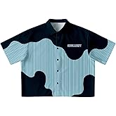 GORGLITTER Men's Striped Button Down Up Cropped T Shirt Letter Graphic Flap Short Sleeve Collar Top Dressy