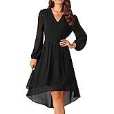 Seta T Women's V Neck Long Sleeve Dresses Chiffon Pleated High Low Asymmetrical Hem Wedding Guest Dress