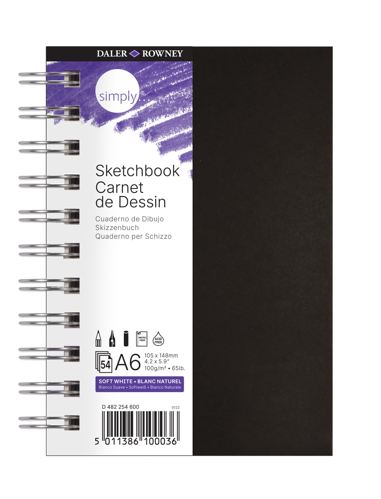 Daler-Rowney Simply Sketchbook, Medium Grain, 100 gsm, 65lb, Spiral Bound, Hardback, A6 - 4.1 x 5.8in - 10.5 x 14.8 cm, Soft White, 54 Sheets