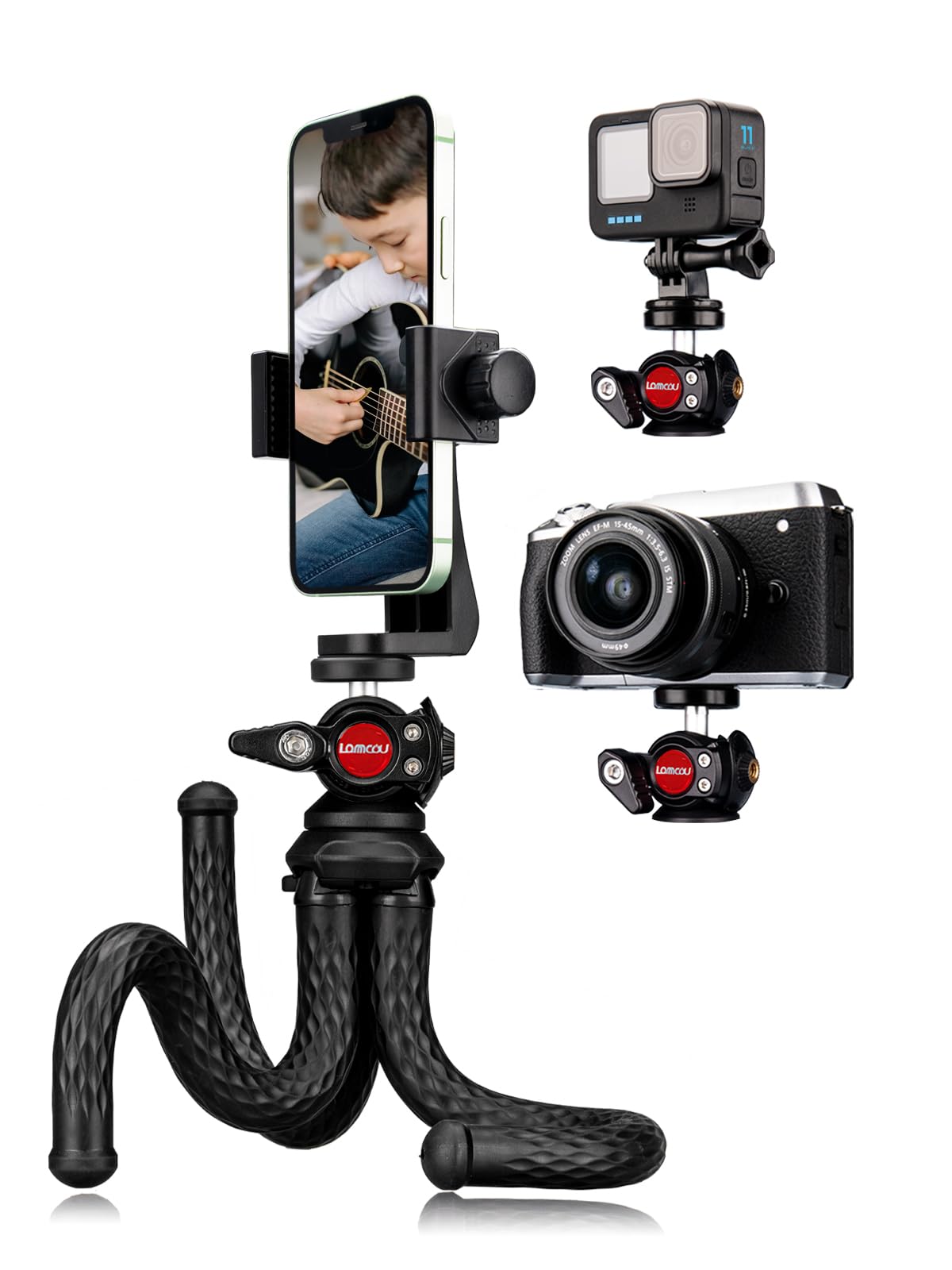 Lammcou Phone Tripod Flexible, Octopus Camera Gorrila Pod Bendy Legs Grip, With Vertical & Portrait Mobile Holder & Go Pro Mount, Handheld Portable Flexi Tripods Stand for Phones, Webcam, Camcorder