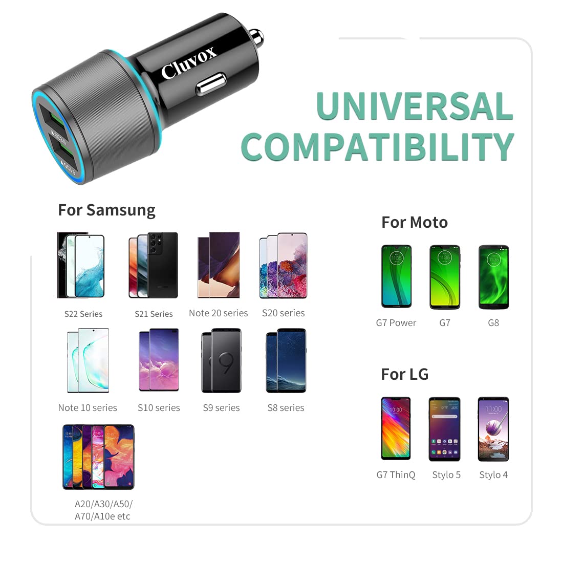 Rapid USB C Car Charger, Compatible for Samsung Galaxy S25 Plus/Ultra/S24/S23/S22/S21/Note 20/10/9/8/S20/S10+/S10e/S9/S8/A50/A70, Quick Charge 3.0 Dual USB 18W Fast Car Charger+ Type C Cable 3.3ft