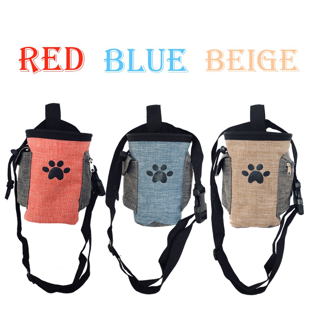 Pet Treat Pouch Dog Training Bag with Belt Carries Pet Toys Kibble Treats Sport Running Drawstring Waist Bag Poop Bag Dispenser (Beige)